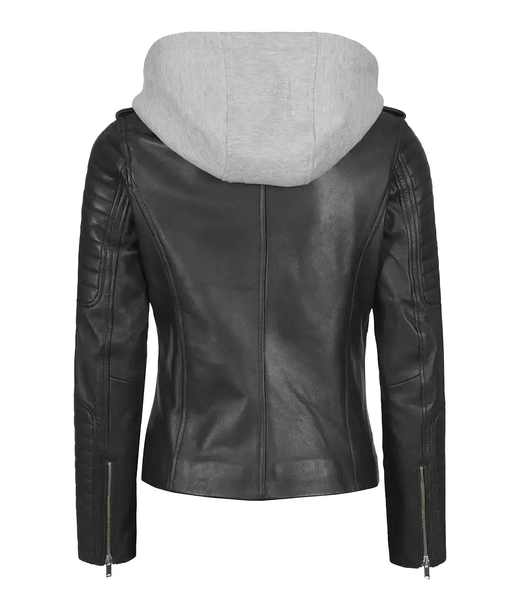 Women Black Leather Detachable Hood Jacket