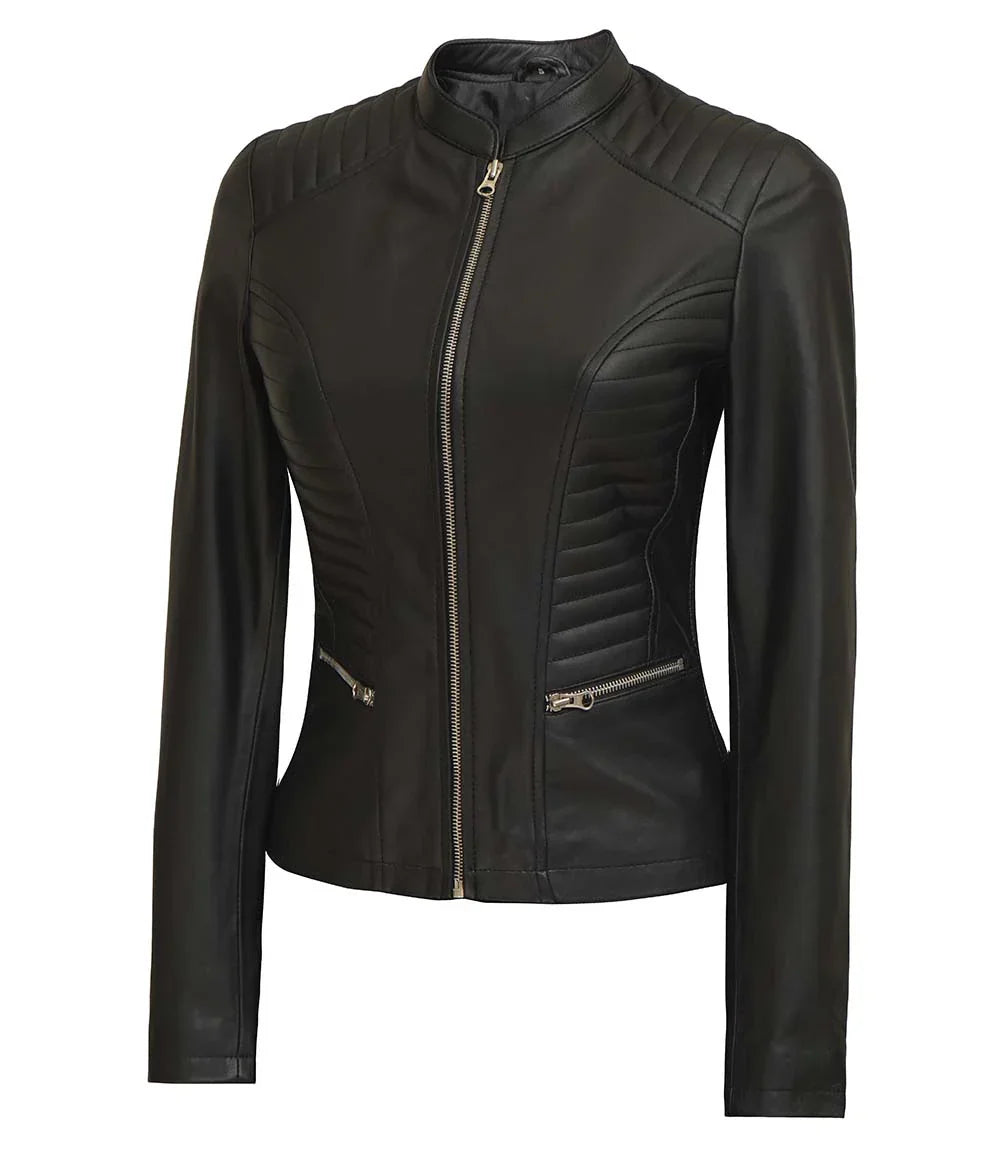 Womens Black Real Leather Cafe Racer Jacket